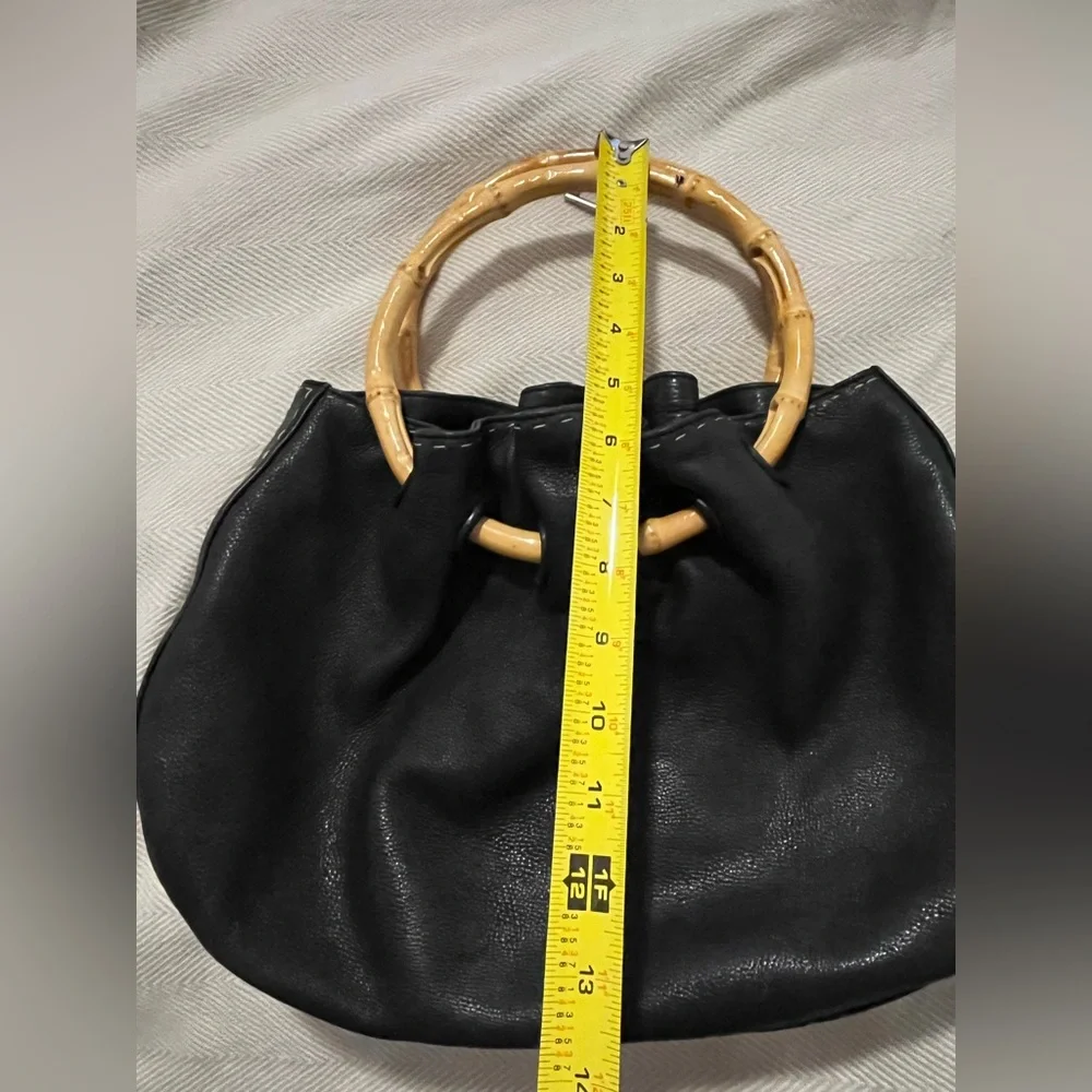 Black Leather Tote with Bamboo Handles - Elegant Women's Bag